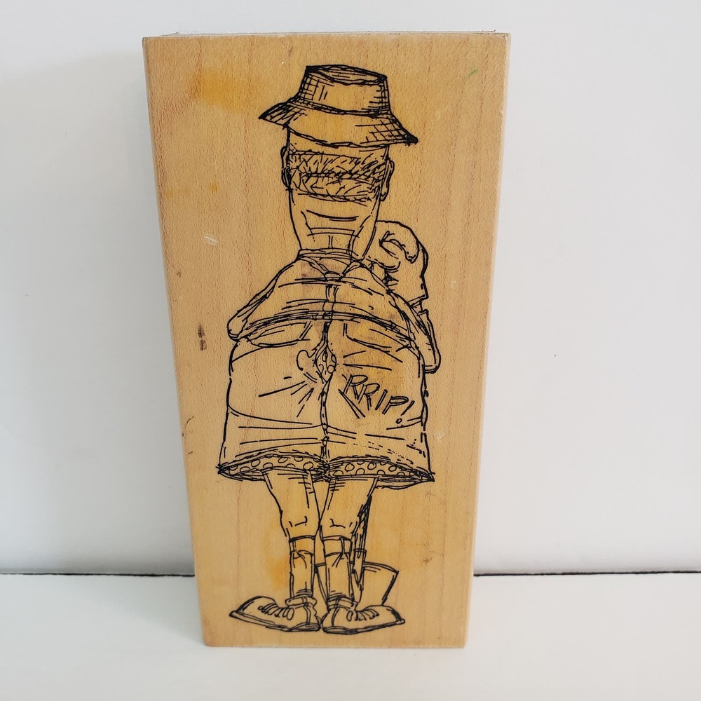 ART IMPRESSIONS Rubber Stamp Wood Mount Old Man Back Ripped Pants U1702